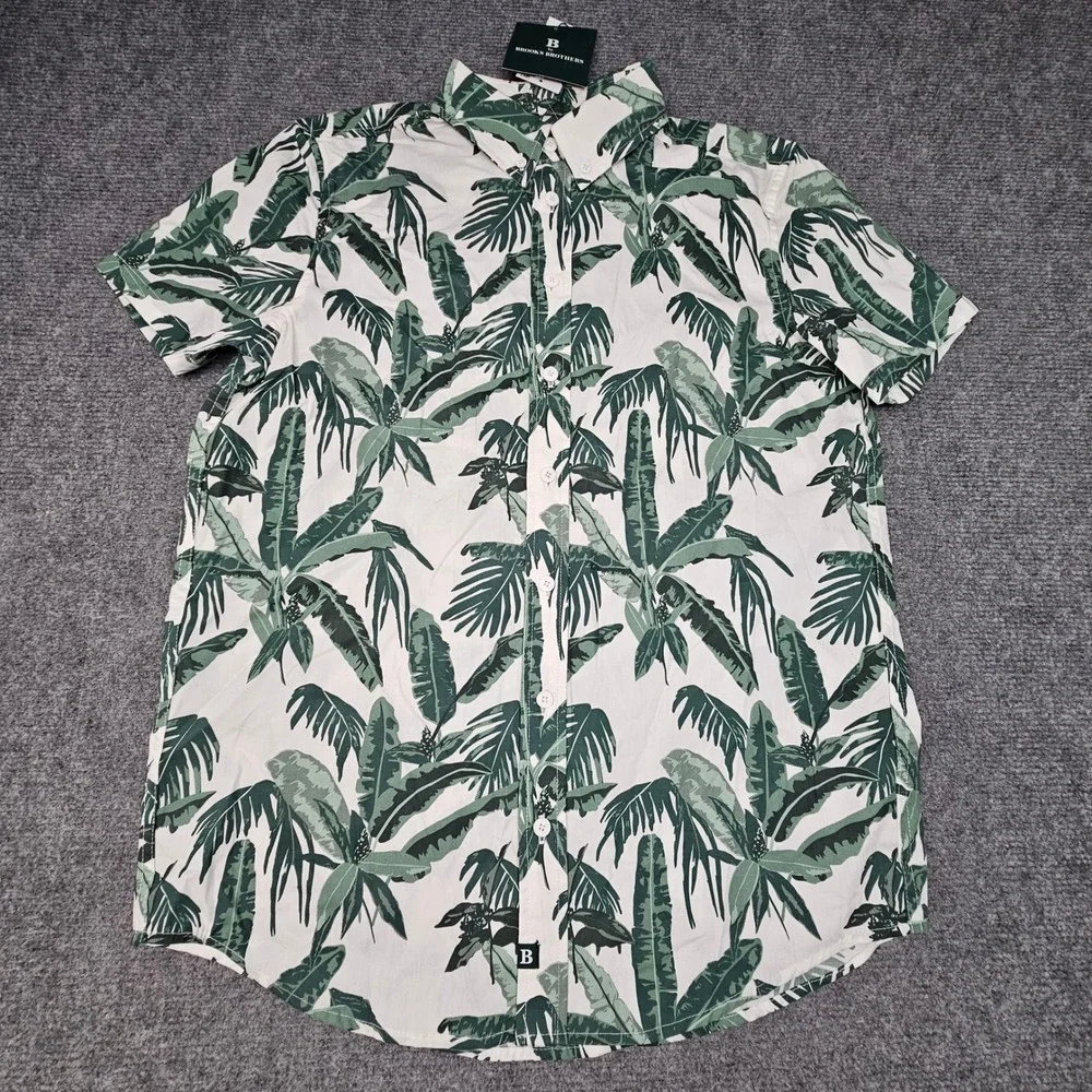 B Brooks Brothers Boys Shirt Tropical Palm Leaf Print Button Down White Green 10